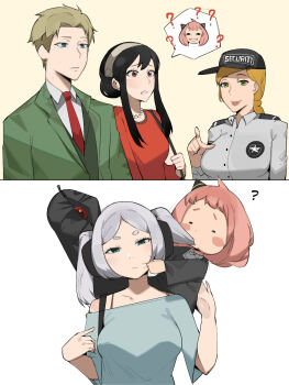 1girl 4girls ? anya's_heh_face_(meme) anya_(spy_x_family) black_hair blonde_hair blue_eyes blush_stickers braid breasts child crossover dr_octojuice eating_hair fake_horns five_nights_at_freddy's formal_clothes frieren green_eyes green_suit hair_ornament hairband hat hetero highres horns husband_and_wife large_breasts lips multiple_crossover multiple_girls necktie pink_hair pointing red_eyes red_shirt security_guard shirt short_hair sidelocks sousou_no_frieren spy_x_family suit twilight_(spy_x_family) twintails vanessa_(fnaf) voice_actor_connection white_hair yor_briar