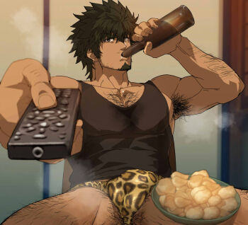 1boy animal_print arm_hair armpit_hair bara beer_bottle black_eyes black_hair black_tank_top bottle bowl briefs bulge chest_hair chips_(food) collarbone collared_shirt controller dark-skinned_male dark_skin drinking facial_hair food foreshortening game_controller goatee hair_between_eyes holding holding_bottle indie_virtual_youtuber indoors leg_hair leopard_print looking_at_viewer male_focus male_underwear man_watching_tv_(meme) meme muscular muscular_male potato_chips second-party_source shirt short_hair shunta_(syunta_87) sitting solo steaming_body sweat_stain tank_top thick_eyebrows tsukaji_osamu underwear wii_remote