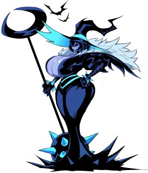 1girl 2025 absurdres bat_(animal) black_dress black_hair black_hat black_sclera blue_eyes blue_skin bracelet breasts cleavage clenched_hands colored_sclera colored_skin commentary curvy cyberlord1109 dress english_commentary female_focus fur-trimmed_dress fur_trim grey_background half-closed_eyes hand_on_own_hip hat highres holding holding_staff huge_breasts jewelry looking_at_viewer looking_down multiple_views narrow_waist off-shoulder_dress off_shoulder original planted simple_background smile spiked_bracelet spikes staff standing thick_thighs thighs white_background witch_hat