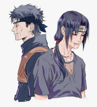 2boys back-to-back black_shirt blood blood_from_mouth commentary cropped_arms cropped_torso curtained_hair english_commentary fishnets forehead_protector hair_over_shoulder hair_tie highres konohagakure_symbol long_hair male_focus momoyoru1 multiple_boys naruto_(series) naruto_shippuuden shirt short_hair sideburns smile uchiha_itachi uchiha_shisui