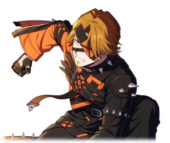 Rule 34 | 1boy, black gloves, black jacket, black pants, brown eyes, brown hair, clenched hand, clenched teeth, collar, eyepatch, facial hair, fingerless gloves, game cg, gloves, goatee, happy elements, helios rising heroes, jacket, jay kidman, looking at viewer, male focus, non-web source, official alternate costume, official art, on one knee, pants, solo, spikes, teeth, transparent background