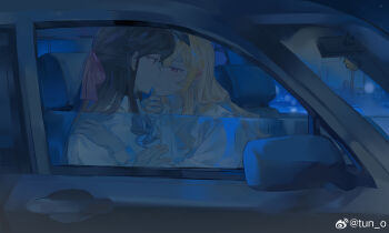 2girls absurdres artist_name black_hairband blonde_hair brown_hair car_interior car_seat chinese_commentary closed_mouth collared_shirt commentary_request face-to-face from_outside hair_between_eyes hair_ribbon hairband half-closed_eyes half_updo hand_on_another&#039;s_chin hand_on_another&#039;s_shoulder hands_up highres imminent_kiss long_hair long_sleeves looking_at_another multiple_girls night one_eye_closed pink_eyes pink_ribbon profile purple_eyes qngtidey132830 ribbon saijou_claudine shirt shoujo_kageki_revue_starlight smile tendou_maya upper_body v-shaped_eyebrows watermark weibo_watermark white_shirt yuri