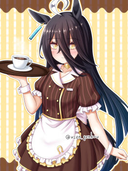 1girl animal_ears apron black_hair blush brown_dress closed_mouth coffee commentary_request dress hair_between_eyes highres holding holding_tray horse_ears horse_girl horse_tail long_hair looking_at_viewer maid maid_apron maid_headdress manhattan_cafe_(umamusume) smile solo tail tray umamusume wrist_cuffs yellow_eyes yuusen_(aenka)