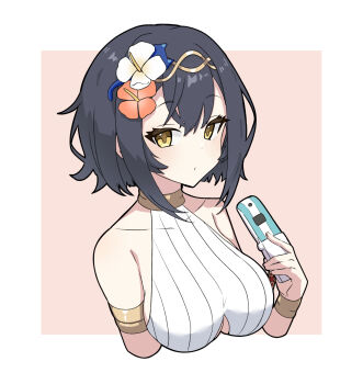 1girl absurdres amber_(stella_sora) amber_(swimsuit)_(stella_sora) bare_shoulders black_hair breasts cellphone clothing_cutout commentary_request expressionless flip_phone flower genjou92 hair_between_eyes hair_flower hair_ornament hairband halterneck highres holding holding_phone looking_at_viewer official_alternate_costume phone pink_background simple_background stella_sora swimsuit underboob_cutout yellow_eyes