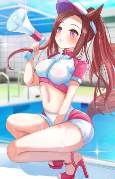 1girl animal_ears blush breasts brown_hair cropped_jacket flower_in_eye hanamura_pink high_heels highres holding holding_megaphone horse_ears horse_girl horse_tail jacket large_breasts long_hair megaphone navel outdoors parted_lips ponytail pool purple_eyes sakura_bakushin_o_(umamusume) short_sleeves shorts solo sparkle squatting stomach symbol_in_eye tail umamusume visor_cap water white_jacket white_shorts