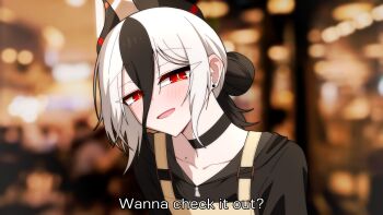 1girl black_choker black_horns blue_archive blurry blurry_background blush chainsaw_man choker collarbone commentary cosplay demon_horns earrings english_commentary english_text hair_between_eyes hair_bun halo highres horns jewelry kayoko_(blue_archive) looking_at_viewer manli mole mole_on_collarbone open_mouth red_eyes revision reze_(chainsaw_man) reze_(chainsaw_man)_(cosplay) sidelocks solo white_hair