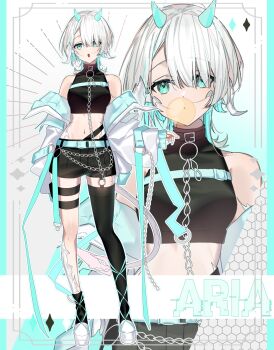 1girl aqua_horns aqua_jacket asymmetrical_legwear au_ra bare_shoulders black_collar black_shirt black_shorts black_socks black_thighhighs blowing_bubble_gum breasts chain chest_strap chewing_gum collar commentary crop_top dragon_girl dragon_horns dragon_tail final_fantasy final_fantasy_xiv highres horns jacket jacket_partially_removed looking_at_viewer midriff motsuni_(lxxe1120) multicolored_jacket navel platform_shoes red_eyes scales shirt shorts single_thighhigh sleeveless sleeveless_shirt socks solo standing symbol-only_commentary tail thighhighs two-tone_jacket warrior_of_light_(ff14) white_hair white_jacket zoom_layer