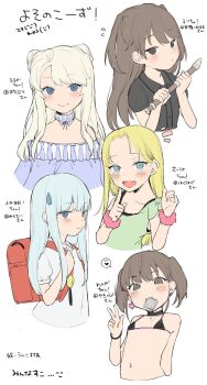 5girls :d backpack bag bikini black_bikini black_shirt blonde_hair blue_eyes blush borrowed_character brown_eyes brown_hair character_name character_request condom condom_in_mouth condom_wrapper double_bun earrings flute flying_sweatdrops hair_bun hair_ornament hand_up heart heart_earrings herme_(ohisashiburi) highres holding holding_instrument instrument jewelry little_mare loli long_hair looking_at_viewer mouth_hold multiple_girls off-shoulder_shirt off_shoulder open_mouth original randoseru recorder renga_(yakihebi) sasha_(haguhagu) shirt short_hair smile spoken_heart swimsuit translation_request twintails two_side_up w white_background