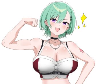 1girl bare_shoulders biceps black_choker breasts choker cleavage crop_top ear_piercing earrings flexing green_hair hair_behind_ear hair_ornament highres jewelry keikesu large_breasts looking_at_viewer mole mole_on_breast necklace open_mouth piercing purple_eyes short_hair solo swept_bangs virtual_youtuber vspo! white_background x_hair_ornament yakumo_beni yakumo_beni_(4th_costume)