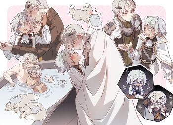 Rule 34 | 2boys, ^ ^, animalization, arm up, armor, ascot, blue eyes, blush, cape, closed eyes, colored eyelashes, commentary request, dog, eye contact, frilled sleeves, frills, gold trim, grey hair, hand on another's head, heart, highres, holding, holding hands, holding quill, horns, knees up, lella nyam, long sleeves, looking at another, looking to the side, male focus, metaphor: refantazio, multiple boys, multiple views, mystical high collar, nervous sweating, notice lines, one eye closed, open mouth, paper, parted hair, partially submerged, pauldrons, person and animalization, protagonist (metaphor: refantazio), quill, rabbit, sauna, shirt, shoulder armor, sideways glance, sitting, smile, spoilers, squiggle, strohl (metaphor: refantazio), sweat, tassel, white ascot, white cape, white hair, writing, yaoi