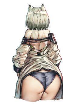 1girl absurdres animal_ears arknights ass ass_focus blue_panties cat_ears cat_girl cigaros clothes_lift commentary_request cowboy_shot dress dress_lift from_behind green_dress green_hair highres jacket jacket_lift kal&#039;tsit_(arknights) long_sleeves medium_hair off-shoulder_jacket off_shoulder panties pear-shaped_figure see-through_clothes simple_background solo underwear white_background wide_hips