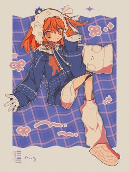 Rule 34 | 1girl, a.i. voice, adachi rei, alternate costume, android, blue sweater, bonnet, full body, hand up, highres, joints, long sleeves, looking at viewer, medium hair, miniskirt, nasi (na si), orange eyes, orange hair, robot joints, skirt, sleeves past wrists, solo, sweater, utau, white bonnet, white skirt