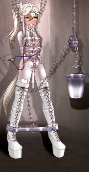 1girl animal_ears arm_binder armbinder arms_behind_back bdsm bit_gag blinders blonde_hair bodysuit bondage boots bound bound_arms breasts bridle chain collar drooling fake_animal_ears fake_tail falalalalalalal full_body gag gag_harness grey_eyes harness heel-less_heels highres hoof_shoes horse_ears horse_tail long_hair looking_at_viewer milking_machine object_insertion original pet_play platform_boots pony_play ponytail posture_collar saliva shadow shiny_clothes skin_tight slave small_breasts solo spreader_bar standing tail thigh_boots vaginal vaginal_object_insertion white_bodysuit