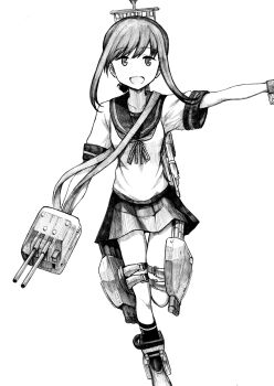 1girl absurdres adapted_turret breasts fubuki_(kancolle) fubuki_kai_ni_(kancolle) high_contrast highres kantai_collection low_ponytail machinery medium_breasts monochrome pleated_skirt ponytail running sailor_collar sailor_shirt school_uniform serafuku shirt sidelocks skirt smile solo torpedo_launcher tsuji_kazuho