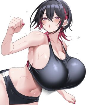 1girl :o absurdres bare_arms bare_shoulders black_buruma black_hair blue_eyes blush bouncing_breasts breasts buruma cleavage clenched_hands collarbone colored_inner_hair earrings hair_between_eyes hair_ornament hairclip hand_up heart heart_earrings highres huge_breasts hz_(666v) jewelry kobeni-chan_(hz_(666v)) looking_at_viewer midriff mole mole_on_collarbone multicolored_eyes multicolored_hair nail_polish navel original red_eyes red_hair red_nails short_hair simple_background solo spiked_ear_piercing sports_bra strap_gap sweat twitter_username two-tone_eyes v-shaped_eyebrows white_background