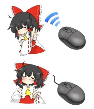 1girl ascot black_hair commentary_request computer_mouse detached_sleeves hair_tubes hakurei_reimu lw_og3 ribbon-trimmed_sleeves ribbon_trim short_hair sidelocks simple_background touhou upper_body white_background yellow_ascot