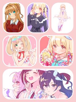 Rule 34 | four-finger heart hands, 6+girls, ;), blush, chibi, eyewear on head, futaba anzu, hair intakes, hand on own cheek, hand on own face, heart, heart hands, heart print, highres, hino akane (idolmaster), huku2uu, idolmaster, idolmaster cinderella girls, invisible chair, multiple girls, one eye closed, outline, sato shin, simple background, sitting, smile, sunazuka akira, tinted eyewear, tsujino akari, upper body, white outline, yumemi riamu