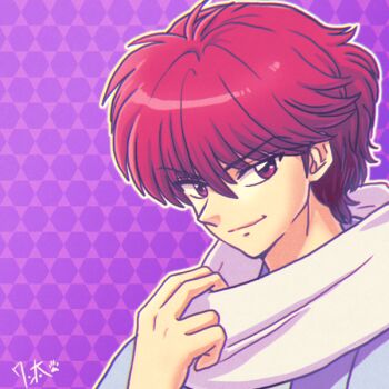 Rule 34 | 1boy, blue haori, collar tug, hand on own shoulder, haori, honeycomb (pattern), honeycomb background, japanese clothes, kimono, kyoukai no rinne, looking at viewer, red eyes, red hair, rokudou sabato, scarf, short hair, signature, smirk, wanta (futoshi), white kimono, white scarf