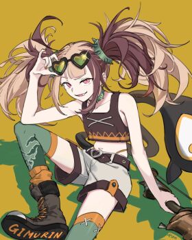 1girl adapted_costume adjusting_eyewear arm_up belt blonde_hair boots bow_(weapon) brown_belt brown_boots brown_hair character_name collar commentary english_commentary eyewear_on_head fang gigi_murin gigi_murin_(chatacabra) green-tinted_eyewear green_collar green_thighhighs grey_shorts heart heart-shaped_eyewear highres holding holding_weapon hololive hololive_english knee_up looking_at_viewer midriff monster_hunter_(series) monster_hunter_wilds multicolored_hair nail_polish navel official_alternate_costume official_alternate_hairstyle open_mouth orange_nails orange_panties panties pink_eyes ron_melon shadow shorts sitting smile socks solo spiked_collar spiked_hair_ornament spikes thighhighs tinted_eyewear twintails two-tone_hair underwear weapon yellow_background yellow_socks