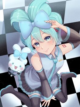 1girl absurdres amanegi_toro aqua_eyes aqua_hair black_sleeves blue_bow blush bow cinnamiku cinnamoroll commentary detached_sleeves fuwa_fuwa_cinnamoroll grey_shirt hair_between_eyes hair_bow hatsune_miku highres looking_at_viewer necktie sanrio shirt sleeveless sleeveless_shirt smile tied_ears updo vocaloid