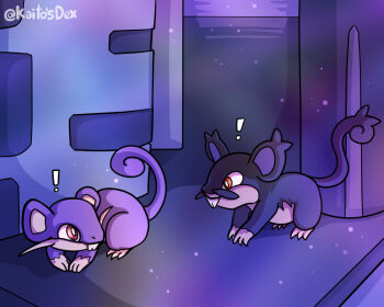 ! alolan_form alolan_rattata artist_name black_fur bright_pupils buck_teeth gen_1_pokemon gen_7_pokemon kaitosdex looking_at_another mouse_(animal) nintendo no_humans pokemon pokemon_(creature) purple_fur rattata red_eyes regional_and_normal tail teeth white_pupils