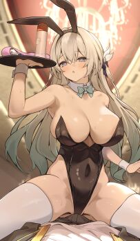 1boy 1girl absurdres animal_ears black_leotard blush bow bowtie breasts bulge caelus_(honkai:_star_rail) commentary_request covered_navel detached_collar fake_animal_ears firefly_(honkai:_star_rail) girl_on_top grey_hair hair_ornament hairband highleg highleg_leotard highres honkai:_star_rail honkai_(series) large_breasts leotard long_hair looking_at_viewer lotion_bottle open_mouth playboy_bunny purple_eyes rabbit_ears shirotategosha straddling thighhighs thighs trailblazer_(honkai:_star_rail) tray white_thighhighs wrist_cuffs