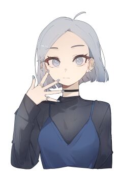 1girl :/ ahoge black_choker black_shirt blue_camisole bob_cut breasts camisole camisole_over_clothes choker closed_mouth commentary covered_collarbone cropped_torso earclip earrings english_commentary fingernails grey_eyes grey_hair grey_nails hand_on_own_face hand_up highres jewelry kamatpit long_sleeves looking_at_viewer medium_breasts multiple_rings nail_polish original parted_bangs ring see-through_cleavage see-through_clothes see-through_shirt shirt short_hair simple_background solo spread_fingers straight-on upper_body white_background