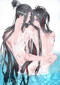 2boys absurdres alternate_costume androgynous bathrobe bishounen black_hair blush closed_mouth couple hair_ribbon hand_on_another&#039;s_face hand_on_another&#039;s_shoulder hand_up hands_on_another&#039;s_stomach headband highres hug hug_from_behind lan_wangji long_hair looking_at_another male_focus modao_zushi multiple_boys naruse_(kmk648) nude off_shoulder parted_lips partially_submerged pectorals ponytail purple_eyes red_ribbon ribbon robe see-through_clothes sidelocks single_bare_shoulder smile topknot trap very_long_hair wading water wei_wuxian wet wet_clothes white_background white_headband white_robe wide_sleeves xiao_guan_(headdress) yaoi yellow_eyes