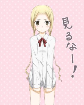 1girl artist_request blonde_hair blush bottomless bow bowtie brown_eyes clothes_pull collared_shirt cowboy_shot embarrassed female_focus hagimura_suzu long_hair long_sleeves looking_at_viewer pink_background polka_dot polka_dot_background red_bow red_bowtie seitokai_yakuindomo shirt shirt_pull simple_background smile solo standing sweat translation_request twintails white_shirt