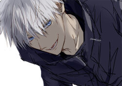Rule 34 | 1boy, blue eyes, colored eyelashes, commentary request, gojou satoru, grey hair, jujutsu kaisen, looking at viewer, lower teeth only, male focus, nori20170709, open mouth, short hair, simple background, solo, teeth, twitter username, upper body, white background