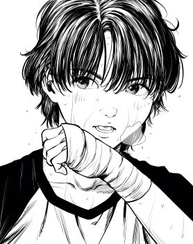 1girl androgynous breath collarbone commentary hand_wraps highres lee_(dragon_garou) monochrome open_mouth original portrait raglan_sleeves short_hair solo sweat