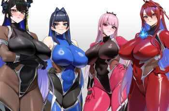 4girls absurdres ahoge alternate_costume asymmetrical_horns black_bodystocking black_leotard blue_bodysuit blue_eyes blue_fire blue_hair blunt_bangs blunt_ends blush bodysuit breasts closed_mouth colored_inner_hair covered_erect_nipples covered_navel elizabeth_rose_bloodflame film_grain fire fire_on_chest flower flower_knot grey_background hair_intakes hair_ornament hand_on_own_hip highleg highleg_leotard highres hime_cut hololive hololive_english horn_flower horns huge_ahoge huge_breasts impossible_bodysuit impossible_clothes leotard long_hair looking_at_viewer mole mole_under_eye mori_calliope multicolored_hair multiple_girls neige_(pixiv6850453) nerissa_ravencroft official_alternate_hairstyle ouro_kronii pink_bodysuit pink_eyes pink_hair purple_eyes red_bodysuit red_eyes red_hair short_hair sidelocks simple_background skin_tight slit_pupils straight_hair taimanin_(series) taimanin_suit tassel tassel_hair_ornament uneven_horns very_long_hair virtual_youtuber