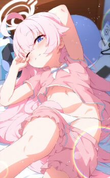 1girl :3 absurdres alternate_costume anno_(yukikaze_08) blue_archive blue_eyes closed_mouth highres hoshino_(blue_archive) loli long_hair looking_at_viewer lying navel on_back one_eye_closed pajamas panties pink_hair pink_pajamas smile stomach underwear white_panties