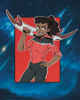 1girl beckett_mariner black_hair black_pants blurry blurry_background commentary cowboy_shot dark-skinned_female dark_skin english_commentary eyelashes highres holding holding_weapon jdofasgard lips long_hair outline over_shoulder pants ponytail red_shirt shirt smile solo star_trek star_trek:_lower_decks starfleet_uniform weapon weapon_over_shoulder white_outline