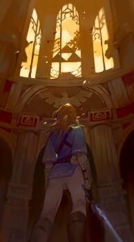 1boy absurdres arm_guards belt belt_pouch black_belt black_boots blonde_hair blue_shirt boots feet_out_of_frame from_behind from_below highres holding holding_sword holding_weapon indoors knee_boots lin09 link male_focus medium_hair nintendo pants pouch shirt short_sleeves solo sword the_legend_of_zelda the_legend_of_zelda:_breath_of_the_wild triforce weapon white_pants window