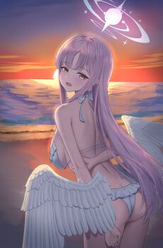 1girl absurdres angel_wings ass bikini blue_archive doggo34476335 feathered_wings gradient_halo halo highres low_wings mika_(blue_archive) mika_(swimsuit)_(blue_archive) multicolored_halo official_alternate_hairstyle pink_hair pink_halo solo swimsuit white_bikini white_wings wings