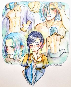 1boy 1girl abs black_hair blue_hair blush breasts closed_eyes collarbone commentary_request dated ferdinand_(honzuki_no_gekokujou) flower hair_flower hair_ornament hair_over_one_eye hand_in_own_hair hand_on_another&#039;s_chest hetero highres hip_bones hitsuki_(hiidukii) honzuki_no_gekokujou imagining juliet_sleeves long_sleeves medium_breasts myne_(honzuki_no_gekokujou) open_clothes open_robe pectorals puffy_sleeves robe single_sidelock sweat toned toned_male topless_male traditional_media watercolor_pencil_(medium) wide_sleeves yellow_eyes