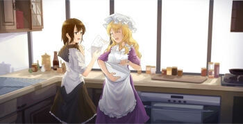 2girls :d ^_^ alternate_neckwear apron baking black_skirt bow bowl brown_eyes brown_hair cabinet closed_eyes collared_dress cutting_board dress frilled_shirt_collar frilled_skirt frills furahata_gen hair_between_eyes hair_bow hat holding holding_paper indoors kitchen long_dress looking_at_another maribel_hearn medium_hair mixing_bowl mob_cap multiple_girls no_headwear open_mouth oven paper purple_dress red_bow shirt short_hair skirt sleeve_cuffs sleeves_rolled_up smile spice teeth tool_request touhou upper_teeth_only usami_renko whisk white_apron white_hat white_shirt window