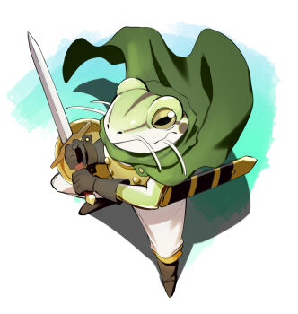 1boy aqua_background armor brown_footwear brown_gloves cape chrono_trigger commentary_request frog_(chrono_trigger) frog_boy from_above furry furry_male gloves green_cape highres holding holding_sword holding_weapon horizontal_pupils kinoshita_jiroh looking_at_viewer looking_up male_focus pants scabbard sheath shield sword two-tone_background weapon whiskers white_background white_pants