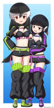 2girls adelie_penguin_(kemono_friends) atamaokasiisabu belt black_hair black_shorts black_shrug black_thighhighs blunt_bangs blush boots brown_eyes chinstrap_penguin_(kemono_friends) commentary_request earbuds earphones full_body garter_straps green_belt green_boots green_shirt hair_between_eyes headphones height_difference high_collar highres kemono_friends long_hair long_sleeves loose_thighhigh matching_outfits midriff multicolored_hair multiple_girls navel official_alternate_costume penguin_girl penguin_tail puffy_sleeves purple_belt purple_boots purple_shirt red_hair shirt short_hair short_shorts shorts shrug_(clothing) sidelocks tail thighhighs two-tone_hair two-tone_shirt white_hair
