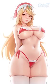 1girl absurdres arms_behind_back artist_name backlighting bikini blonde_hair blush breasts cleavage closed_mouth collarbone commentary cowboy_shot english_commentary from_below fur-trimmed_bikini fur_trim half-closed_eyes hat highres large_breasts light_smile long_hair looking_at_viewer meekohopanes mythra_(xenoblade) narrow_waist navel overexposure patreon_username red_bikini santa_hat side-tie_bikini_bottom simple_background skindentation solo standing swimsuit thick_thighs thighhighs thighs tiara watermark web_address white_background white_thighhighs wide_hips xenoblade_chronicles_(series) yellow_eyes