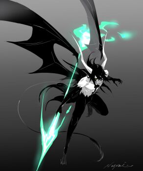1boy arrancar artist_name bare_shoulders black_background black_claws black_hair black_lips black_sclera black_skin black_tail black_wings bleach claws collarbone colored_sclera colored_skin demon_boy demon_horns demon_wings energy_lance facepaint facial_mark fire floating floating_hair flying gradient_background green_fire grey_background hair_between_eyes highres hishui_prpr holding holding_polearm holding_weapon hole hole_in_chest hole_on_body horns lance lips looking_at_viewer male_focus medium_hair oversized_wings polearm sidelocks signature solo tail topless_male ulquiorra_cifer weapon white_skin wings yellow_eyes