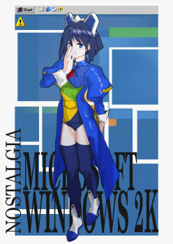 1girl 2k-tan absurdres adjusting_eyewear alt_text blue_eyes blue_hair blue_leotard blue_shoes blue_thighhighs commentary english_commentary glasses highres icon_(computing) internet_explorer juliet_sleeves leotard long_sleeves looking_at_viewer microsoft_windows os-tan puffy_sleeves shoes short_hair solo standing taskbar teku-a-fool thighhighs windows_2000 windows_classic