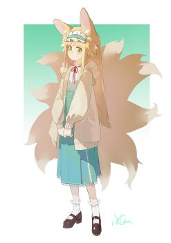 1girl absurdres animal_ears arknights blonde_hair blue_hairband blue_skirt bobby_socks brown_cardigan brown_shoes cardigan chinese_commentary closed_mouth commentary_request fox_ears fox_girl fox_tail frilled_hairband frills full_body green_eyes hairband high-waist_skirt highres kitsune kyuubi long_hair long_sleeves mary_janes multiple_tails neck_ribbon official_alternate_costume open_cardigan open_clothes pleated_skirt puffy_long_sleeves puffy_sleeves red_ribbon ribbon shirt shoes skirt socks solo suzuran_(arknights) suzuran_(spring_praise)_(arknights) tail white_shirt white_socks winglyle