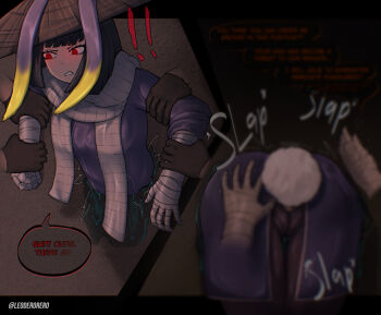 ! !! 2girls 2others anal_beads anal_tail animal_ears ass ass_smack bandaged_arm bandages black_hair blurry bob_cut breasts butt_plug cameltoe clenched_hand clenched_teeth english_text fake_animal_ears fake_tail glowing glowing_eyes grabbing_another&#039;s_ass grey_scarf groping hat heishou_pack-mao_branch_(identity)_(project_moon) highres immobilization leoderorero limbus_company lower_body multiple_girls multiple_others outis_(project_moon) project_moon rabbit_tail red_eyes restrained rice_hat ringed_eyes ryoshu_(project_moon) scarf short_hair small_breasts solo_focus sound_effects spanked spanking speech_bubble stuck tail teeth through_wall