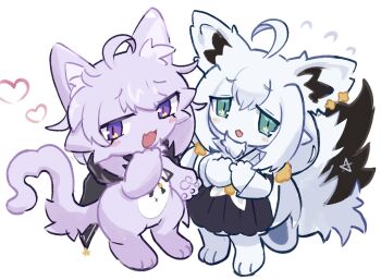 Rule 34 | :3, :d, animal ears, aqua eyes, black skirt, cat ears, cat tail, commentary request, fang, fox ears, fox tail, heart, hololive, looking at viewer, navel, nekomata okayu, nekomata okayu (cat), numzawa, open mouth, purple eyes, purple fur, shirakami fubuki, shirakami fubuki (fox), skin fang, skirt, smile, tail, virtual youtuber, white background, white fur