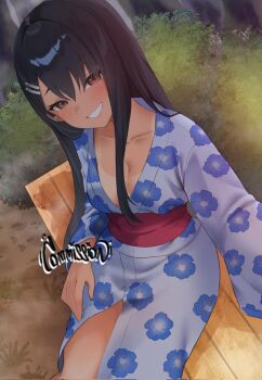 1girl asymmetrical_bangs asymmetrical_hair bench black_hair blue_kimono blush breasts brown_hair bush cleavage earclip evening forest hair_ornament hairclip hand_on_own_thigh ijiranaide_nagatoro-san japanese_clothes kimono long_hair looking_at_viewer nagatoro_hayase nature no_bra on_bench sitting smile tan tanline xiye_(hmrr2738)