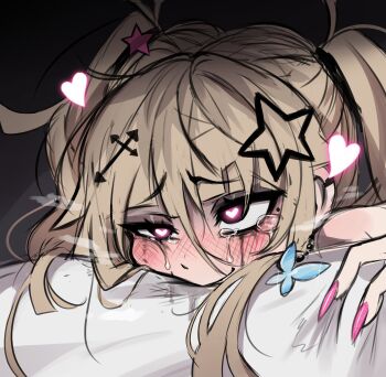 1girl absurdres ahegao black_background black_eyes blonde_hair blush butterfly_earrings commentary crying crying_with_eyes_open dokidomiki earrings english_commentary fingernails hair_between_eyes hair_ornament half-closed_eye heart heart-shaped_pupils highres implied_sex jewelry long_fingernails long_hair makeup mascara messy_hair miki_(dokidomiki) mole mole_under_eye nail_polish original pillow pillow_grab pink_nails pink_pupils portrait raised_inner_eyebrows rolling_eyes runny_makeup simple_background solo star_(symbol) star_hair_ornament steam symbol-shaped_pupils tears uneven_eyes