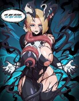 1girl absurdres black_bodysuit black_eyeshadow black_lips blonde_hair blue_background blue_eyes bodysuit breasts commentary cowboy_shot emma_frost english_commentary eyeshadow f.b.w henshin highres large_breasts long_tongue makeup marvel nipples parted_lips pussy pussy_juice saliva short_hair smile solo_focus tentacles tongue tongue_out transforming_clothes venom_(marvel) very_long_tongue