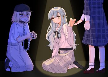 3girls absurdres bang_dream! bang_dream!_it&#039;s_mygo!!!!! baseball_cap black_choker black_hat black_ribbon black_shoes blue_dress blue_hair braid brown_shoes brown_skirt choker commentary_request dress grey_skirt hair_ribbon hat highres holding holding_leash kneeling leash long_hair long_sleeves misawa_yuka misumi_uika multiple_girls neck_ribbon offering_hand open_mouth plaid_clothes plaid_skirt purple_eyes ribbon shirt shoes short_sleeves sidelocks skirt socks spotlight standing sweatdrop togawa_sakiko unmoving_pattern wakaba_mutsumi wavy_mouth white_shirt white_socks yellow_eyes